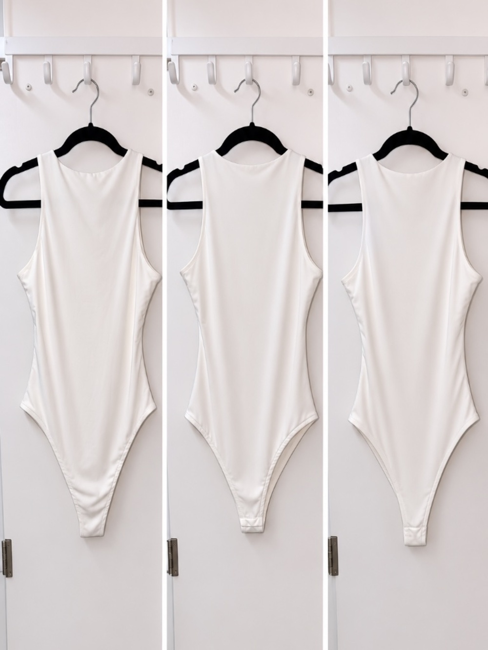 white sleeveless crew neck stretch bodysuit